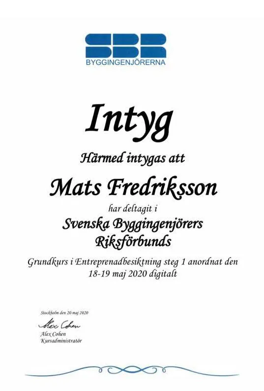 SBR Byggingenjörerna, entreprenadbesiktning steg 1